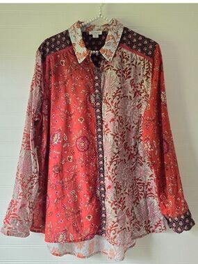 Sundance Red Floral Mixed-Print Button-Up Shirt, Large